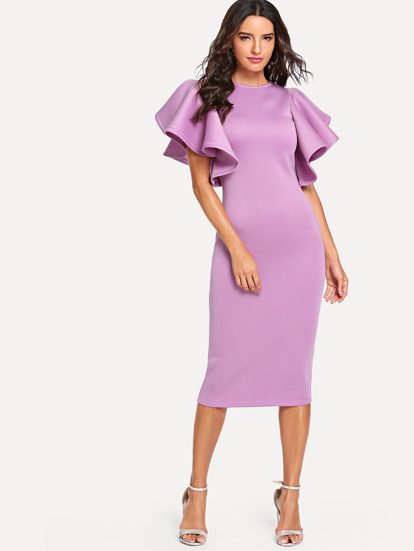 Symmetrical Flounce Shoulder Form Fitting Dress